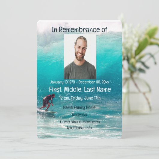 Memorial Invites Service Wave Surfer Water Kaart (Staand voorkant)