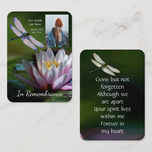 Memorial Keepomwille Memorial Dragonfly Lotus Flow Visitekaartje (Voorkant / Achterkant)