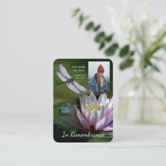 Memorial Keepomwille Memorial Dragonfly Lotus Flow Visitekaartje (Staand voorkant)