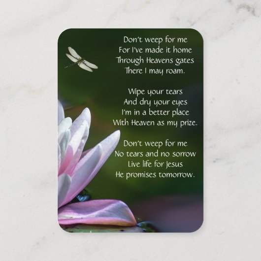 Memorial Keepomwille Memorial Dragonfly Lotus Flow Visitekaartje (Achterkant)