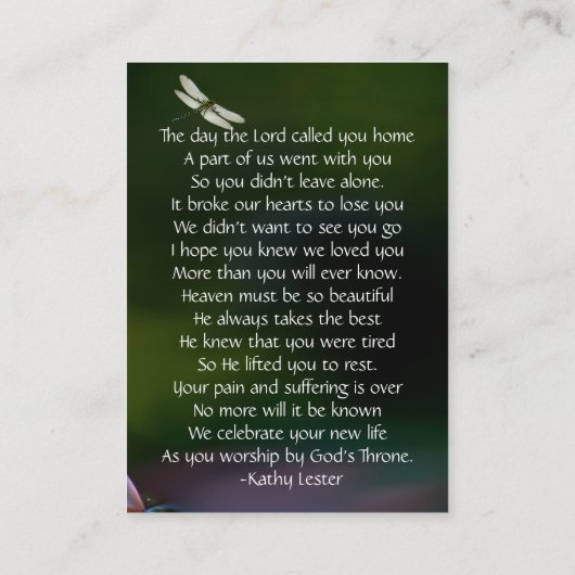 Memorial Keepomwille Memorial Dragonfly Lotus Flow Visitekaartje (Achterkant)