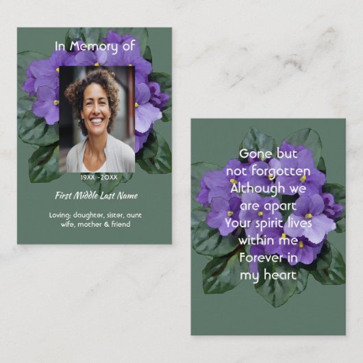 Memorial Keepsake African Violet Visitekaartje (Voorkant / Achterkant)