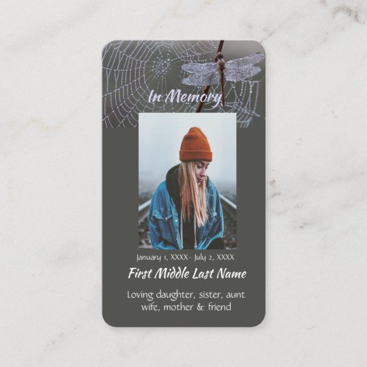 Memorial Keepsake  Card Dragonfly Dewdrops Visitekaartje (Voorkant)