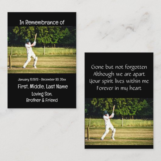 Memorial Keepsake Cricket Speler Spel Visitekaartje (Voorkant / Achterkant)