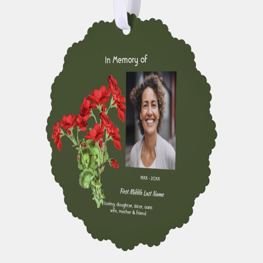 Memorial Keepsake Geranium Flower Ornament Kaart (Links)