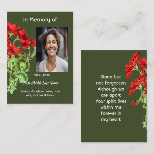 Memorial Keepsake Geranium Flower Visitekaartje (Voorkant / Achterkant)