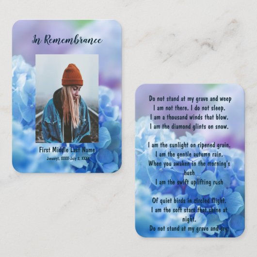 Memorial Keepsake Hydrangea Tuinbloemen Visitekaartje (Voorkant / Achterkant)