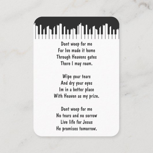 Memorial Keepsake Piano Musician Cityscape Visitekaartje (Achterkant)