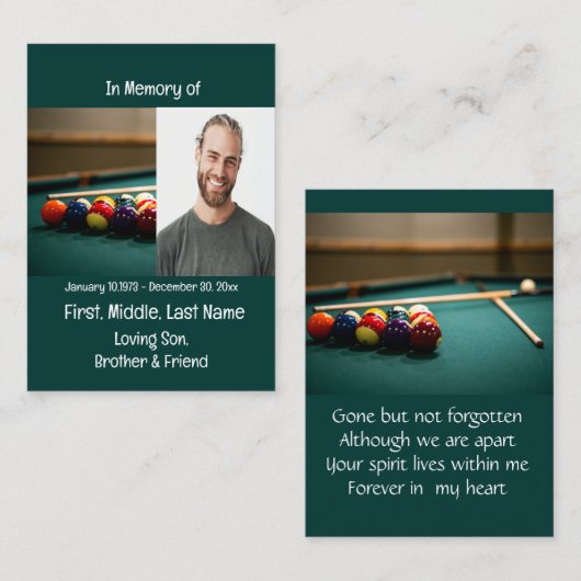 Memorial Keepsake Pool spel Visitekaartje (Voorkant / Achterkant)