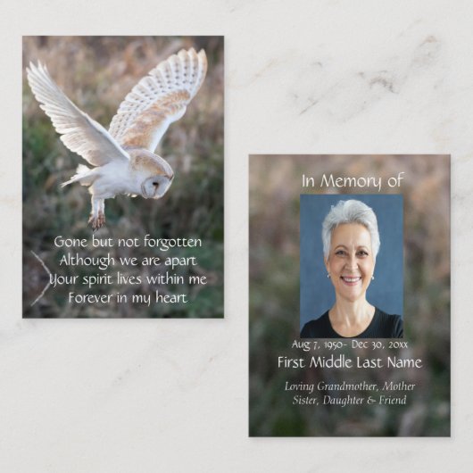 Memorial Keepslag Barn Owl Bird Flight Visitekaartje (Voorkant / Achterkant)