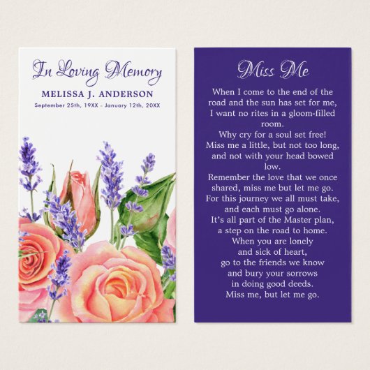 Memorial Lavender Peach Rozen Funeral Prayer Kaart (Voorkant /achterkant)