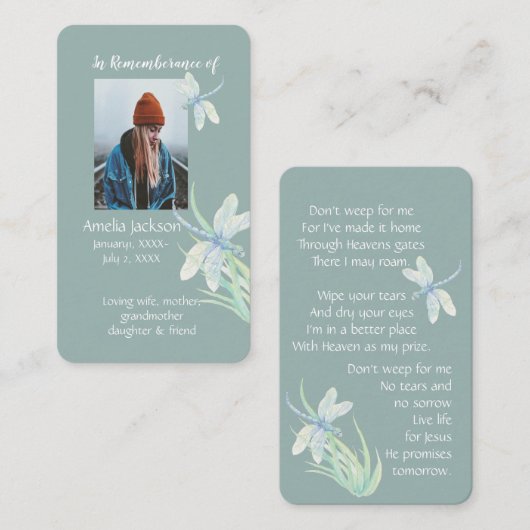 Memorial Memory Card Christelijk Dragonfly Visitekaartje (Voorkant / Achterkant)