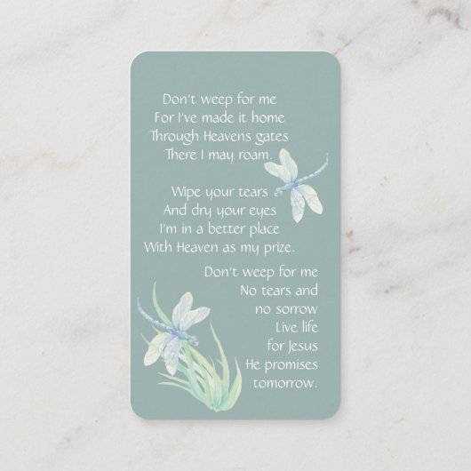 Memorial Memory Card Christelijk Dragonfly Visitekaartje (Achterkant)