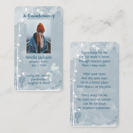 Memorial Memory Card Dragonfly White Flower Visitekaartje (Voorkant / Achterkant)