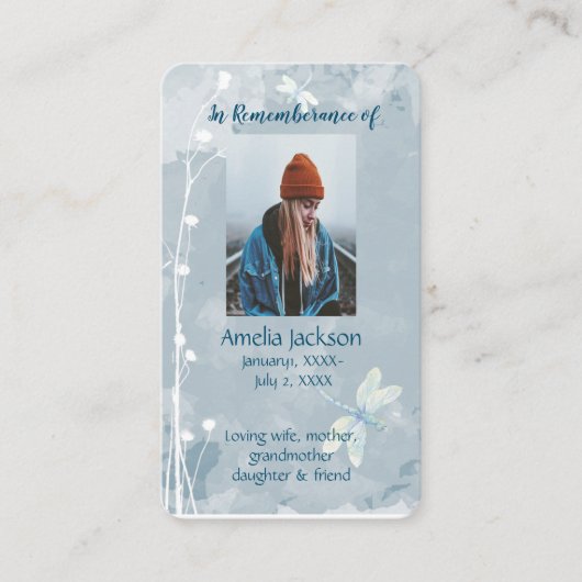 Memorial Memory Card Dragonfly White Flower Visitekaartje (Voorkant)