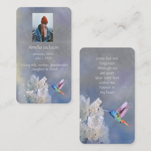 Memorial Memory Card Hummingbird White Flowers Visitekaartje (Voorkant / Achterkant)