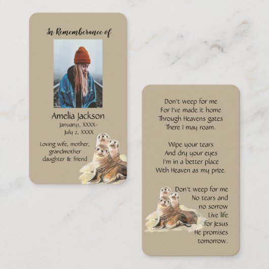 Memorial Memory Card Waterverf Seal Animals Visitekaartje (Voorkant / Achterkant)