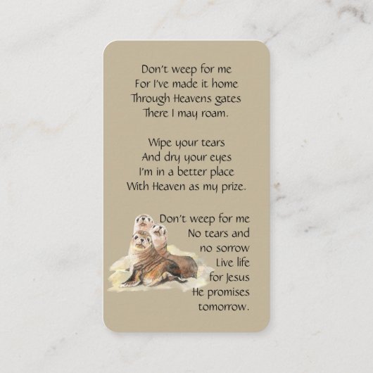 Memorial Memory Card Waterverf Seal Animals Visitekaartje (Achterkant)