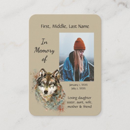 Memorial Memory Card Waterverf Wolf Animals Visitekaartje (Voorkant)