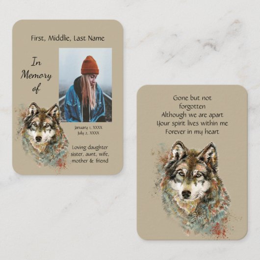 Memorial Memory Card Waterverf Wolf Animals Visitekaartje (Voorkant / Achterkant)