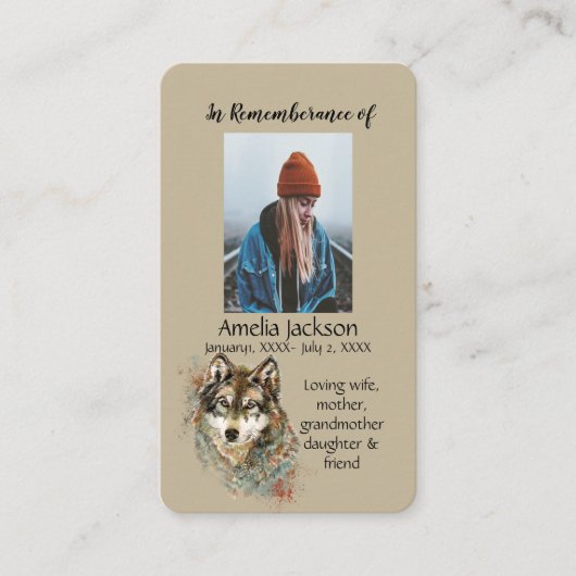 Memorial Memory Card Waterverf Wolf Animals Visitekaartje (Voorkant)