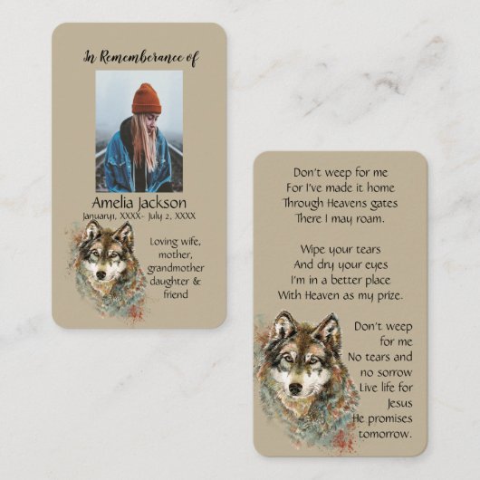 Memorial Memory Card Waterverf Wolf Animals Visitekaartje (Voorkant / Achterkant)