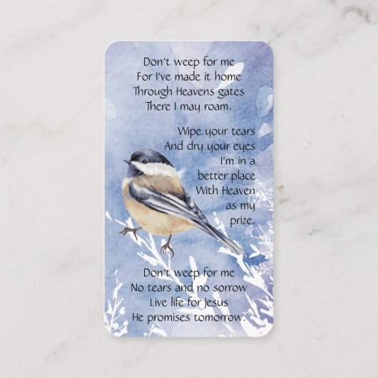 Memorial Memory Kaart Chickadee Bird Visitekaartje (Achterkant)