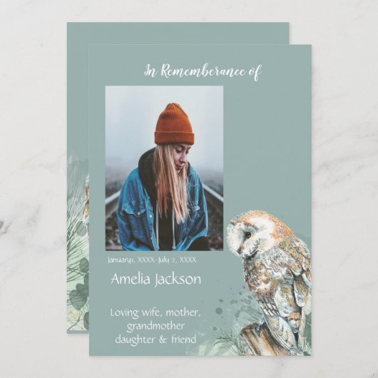 Memorial Memory Kaart Waterverf Barn Owl (Voorkant / Achterkant)