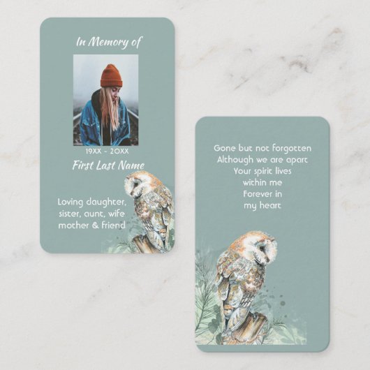 Memorial Memory Kaart Waterverf Barn Owl Bird Visitekaartje (Voorkant / Achterkant)