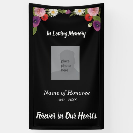Memorial met bloemengrens en foto spandoek (Verticaal)
