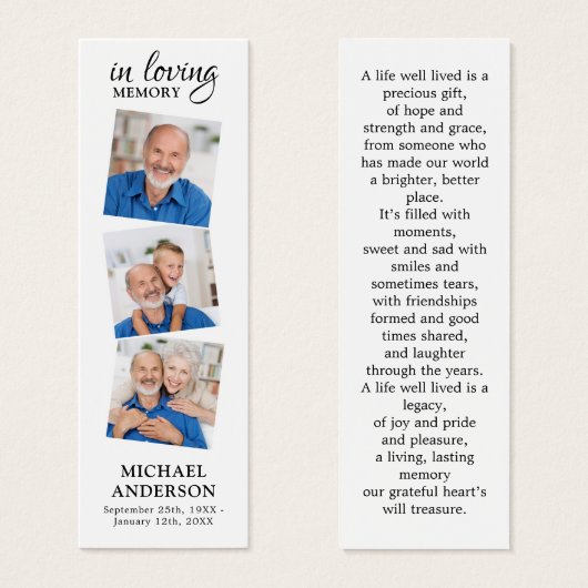 Memorial Modern 3 Foto Funeral Prayer Bladwijzer Mini Visitekaartjes (Voorkant /achterkant)