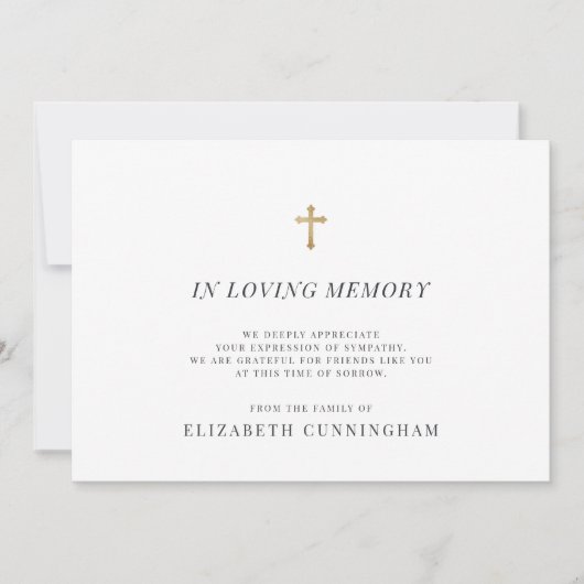 Memorial Modern Faux Gold Cross in Loving Memory Bedankkaart (Voorkant)