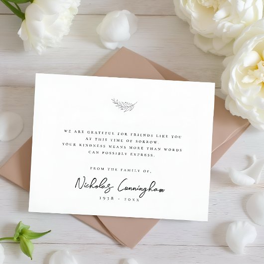 Memorial Modern Simple Elegant Black & White Leaf Bedankkaart