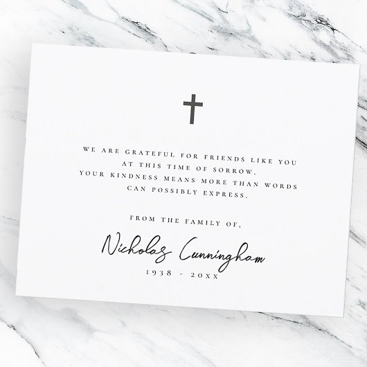 Memorial Modern Simple Elegant Cross Black & White Bedankkaart