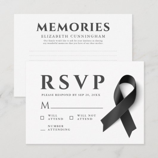 Memorial Modern Simple Memories Black Ribbon RSVP Kaartje (Voorkant / Achterkant)