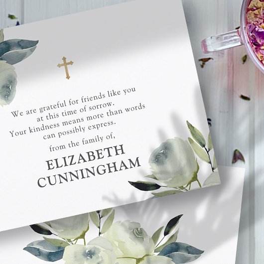Memorial Moderne Waterverf Floral Gold Cross Bedankkaart