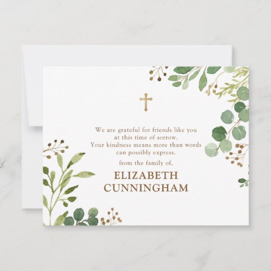 Memorial Moderne Waterverf Foliage Gold Cross Bedankkaart (Voorkant)