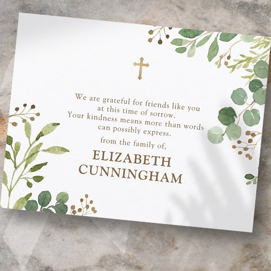 Memorial Moderne Waterverf Foliage Gold Cross Bedankkaart