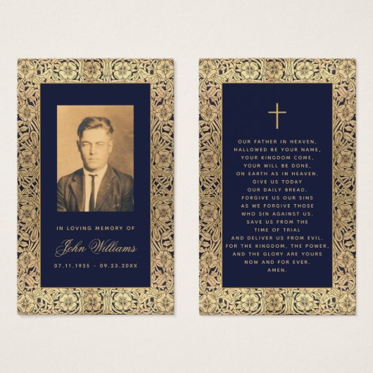 Memorial  Navy Blue Gold Rozen Prayer Card Visitekaartje (Voorkant /achterkant)