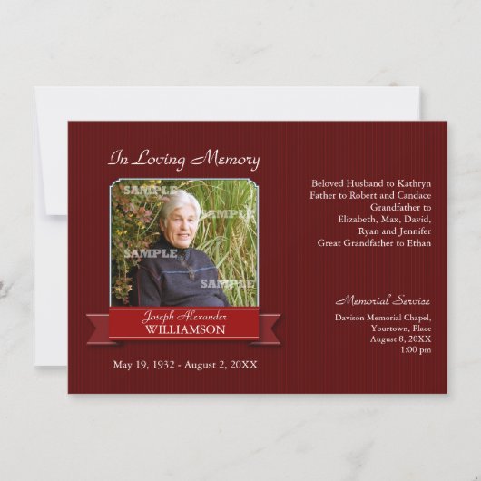 Memorial Notice Burgundy Pinstripe Banner Kaart (Voorkant)