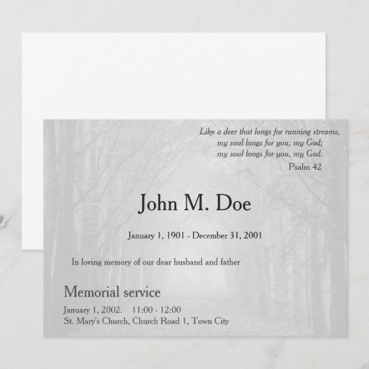 Memorial of begrafenisuitnodiging kaart (Voorkant / Achterkant)