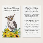 Memorial Owl Sunflower Floral Funeral Prayer Kaart (Voorkant /achterkant)