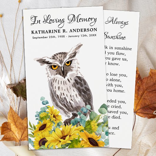Memorial Owl Sunflower Floral Funeral Prayer Kaart