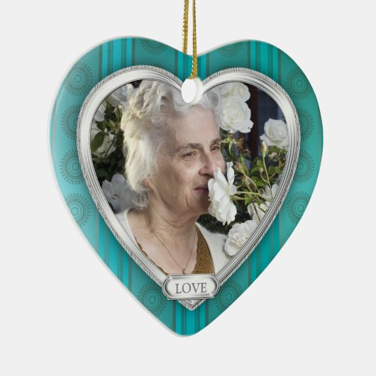 Memorial Photo Aqua Blue Silver Heart Christmas Keramisch Ornament (Rechts)