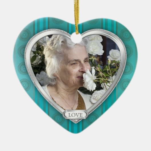 Memorial Photo Aqua Blue Silver Heart Christmas Keramisch Ornament (Voorkant)