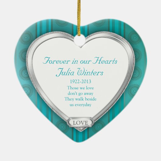 Memorial Photo Aqua Blue Silver Heart Christmas Keramisch Ornament (Achterkant)