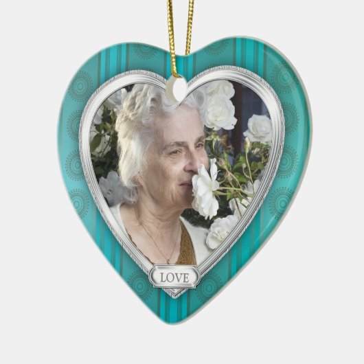 Memorial Photo Aqua Blue Silver Heart Christmas Keramisch Ornament (Links)