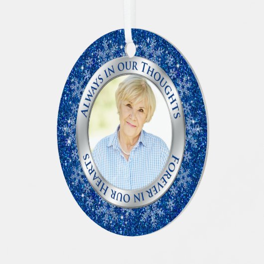 Memorial Photo Blue Altijd in onze Thoughts-progra Metalen Ornament (Voorkant links)