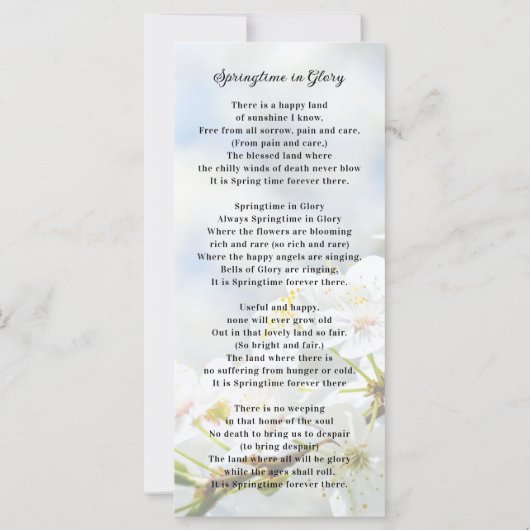 Memorial Photo Card | Springtime in Glory Poem (Achterkant)