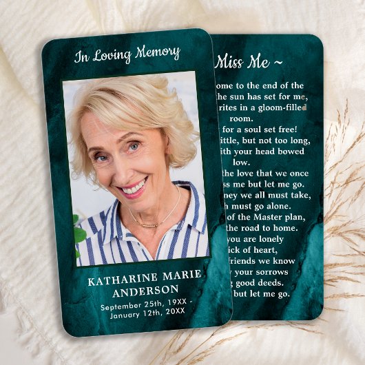 Memorial Photo Emerald Green Funeral Prayer Kaart